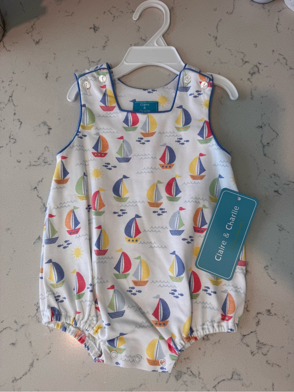 Claire & Charlie White Sailboat Print Baby One-Piece